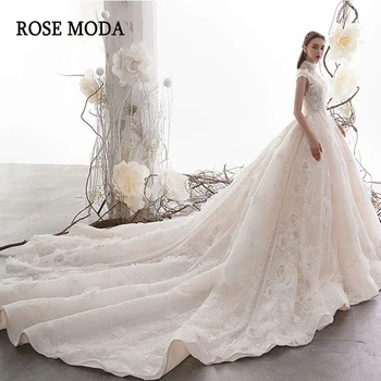 شراءRose Moda فاخرة ثلاثية الأبعاد الدانتيل الأزهار فستان زفاف الأميرة الكرة ثوب مع قطار طويل مخصص