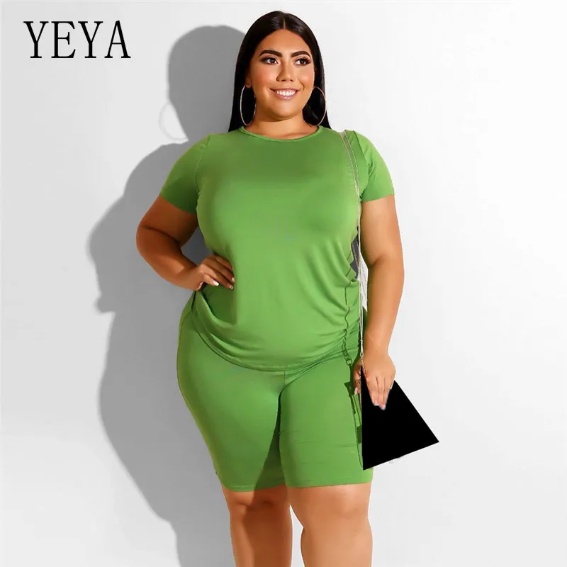

YEYA 2 Piece Set Big Size XL -4XL Women Summer Casual Loose Shirt+Shorts Outfits Sweat Suits Large Size Woman Two Pieces Sets