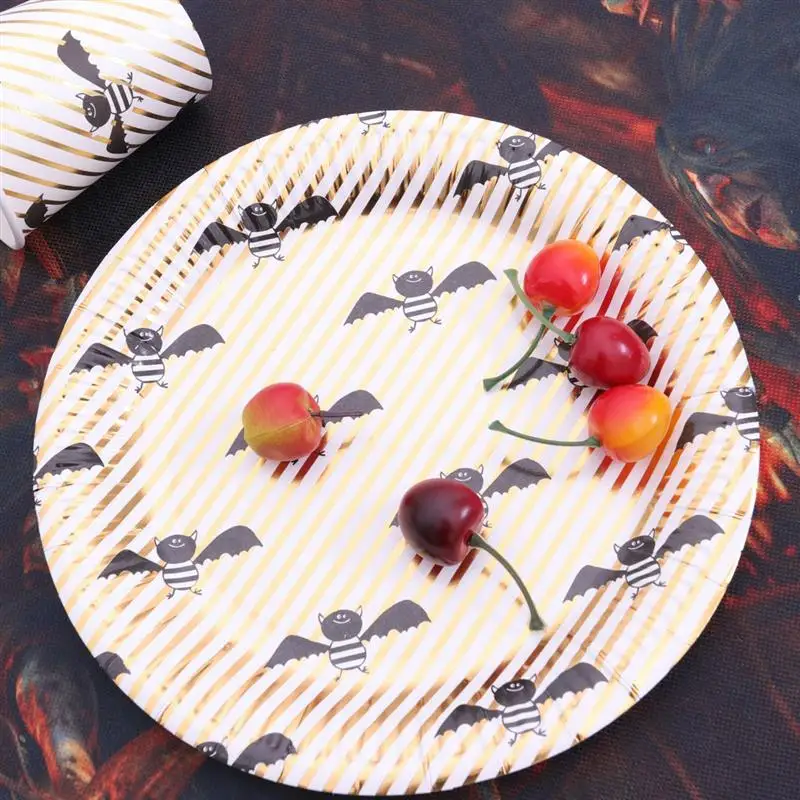 10 шт Хэллоуин золотые полосы круглые бумажные тарелки Симпатичные летучая мышь шаблон одноразовая посуда ОБЕДЕННЫЕ принадлежности для вечерние карнавал