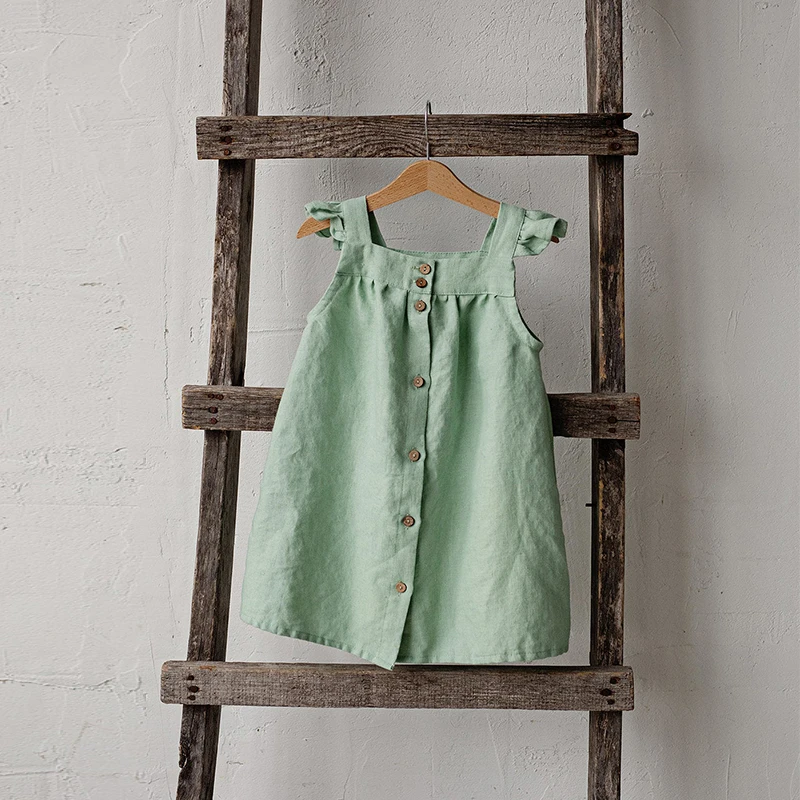 Children Girls' Linen Dress Summer New Literary Petal Sleeves Loose Baby Girl Strap Princess Dresses TZ04