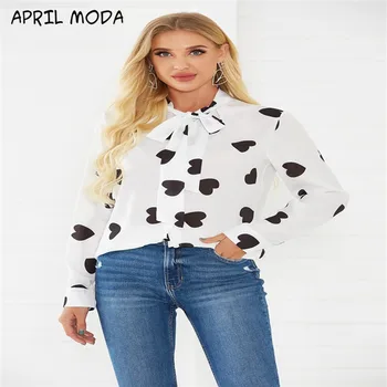 

Plus Size Womens Heart-Shaped Printed Shirt Cotton Lace Bow Tie Long-Sleeve Ladies Stand Collar Wild Shirts 2020 Spring New