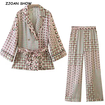 

2020 Autumn Retro Geometric Dot Print Sashes Waist Blazer Casual Woman Tie Bow Sashes Mid long Suit Jacket Coat Outerwear