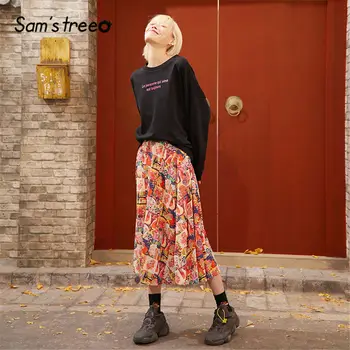 

SAM'S TREE Red Character Print A Line Vintage Pleated Skirts Women 2020 Spring High Waist Casual Chiffon Ladies Daily Skirts
