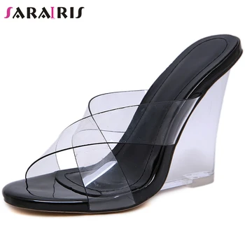 

SARAIRIS Ins Brand Female PVC Transparent High Wedges Slippers 2020 Dress Elegant Sexy Slippers Women Summer Shoes Woman