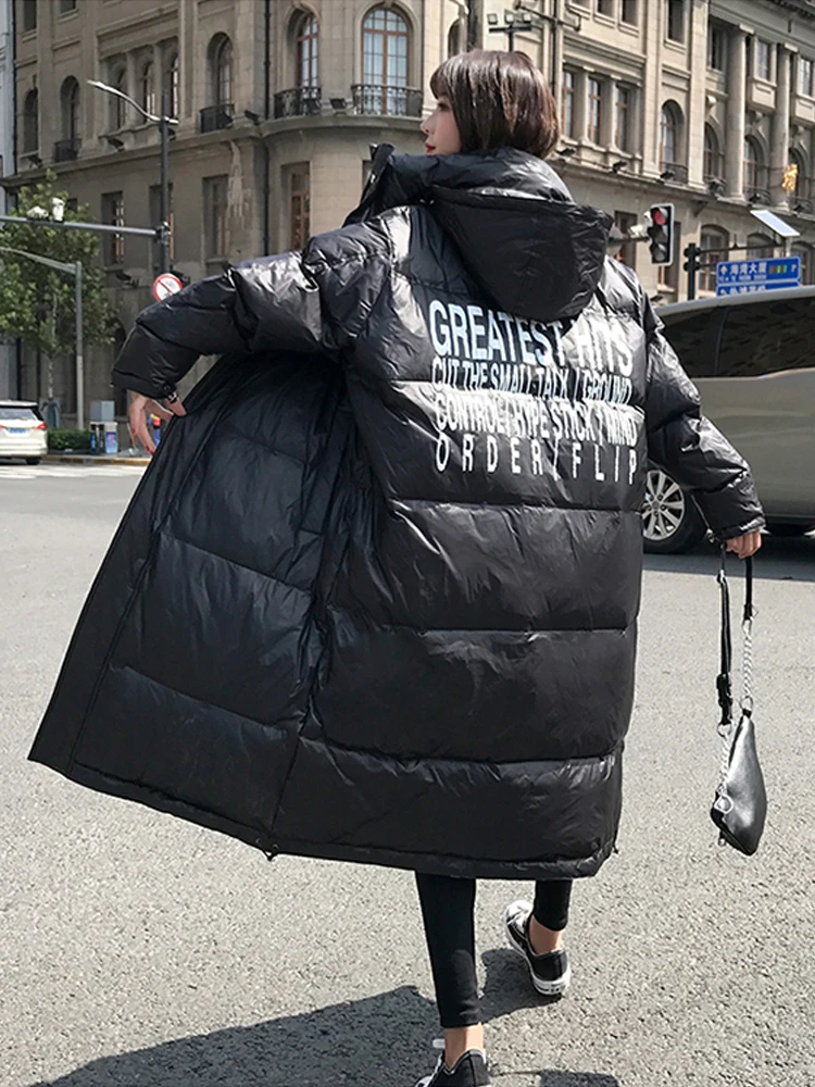Зимняя блестящая пуховая Парка женская куртка с буквенным принтом на спине длинная куртка большого размера свободные зимние теплые толстые парки Женская куртка