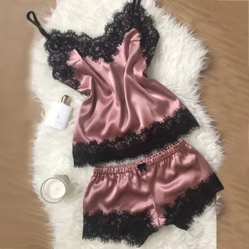 

Sleep Wear Lingerie Women's Sleepwear Sexy Satin Set Lace Pyjamas Sleeveless Cute Cami Silk Satin Babydoll V-Neck pijama mujer