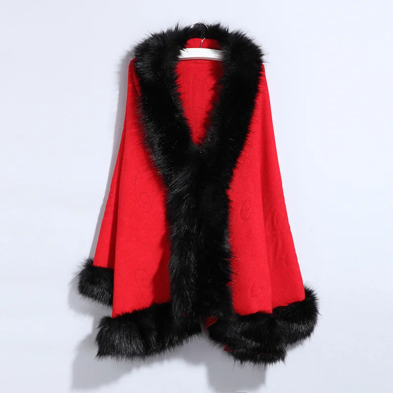 Зимний вязаный свитер большой искусственный Лисий меховой для шеи кардиган пончо накидка теплое плотное пальто Женская Повседневная Свободная шаль поддельный кашемировый плащ - Цвет: Red2