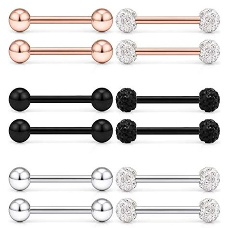 

12Pcs Nipple Tongue Ring Stainless Steel Nipplerings Nipple Barbell Bar Piercing Jewelry Cubic Zirconia 14 Gauge