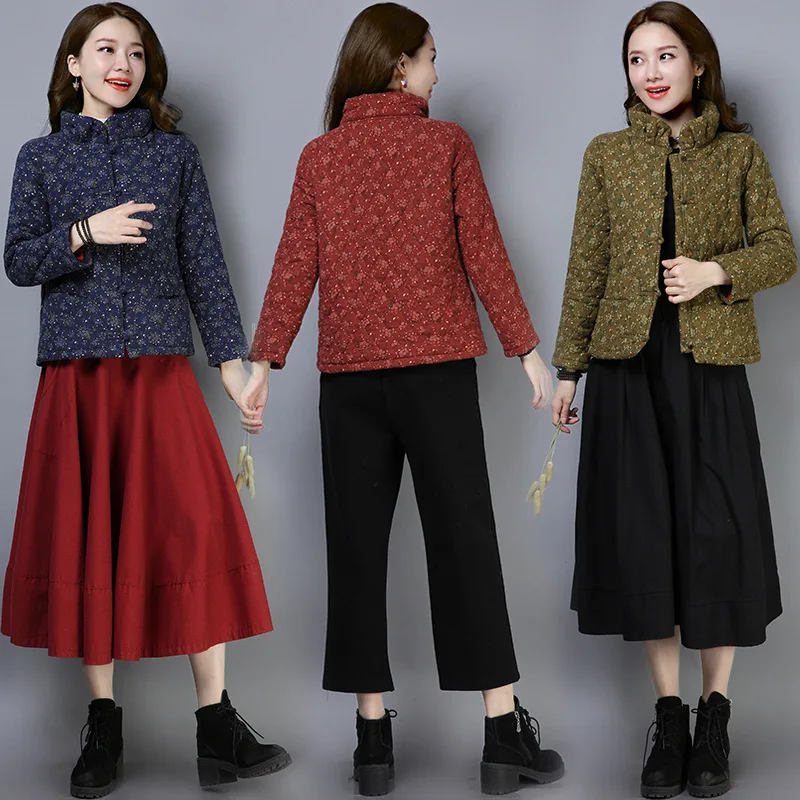 

2019 Winter New Style Ethnic-Style Cotton Linen Large Size Dress Floral Print Short Frog Cotton-padded Clothes Thick Cotton Over