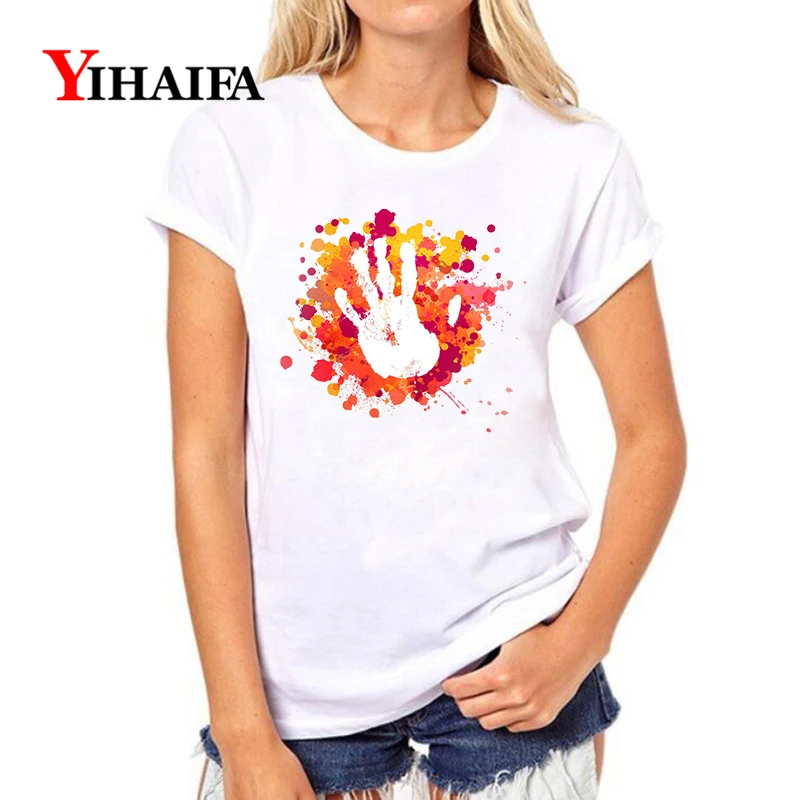 

YIHAIFA Summer Painted Hand Print Graphics Tee Women gym blusa T-shirt Female Pullover White T Shirts Tops