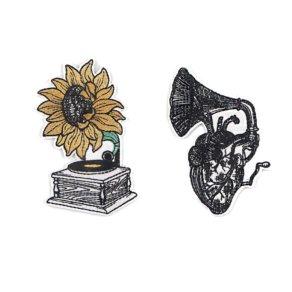 

R931 1pcs Music Art Sunflower Gramophone Sticker For Clothing Applications On Clothes Iron Embroidered Patch