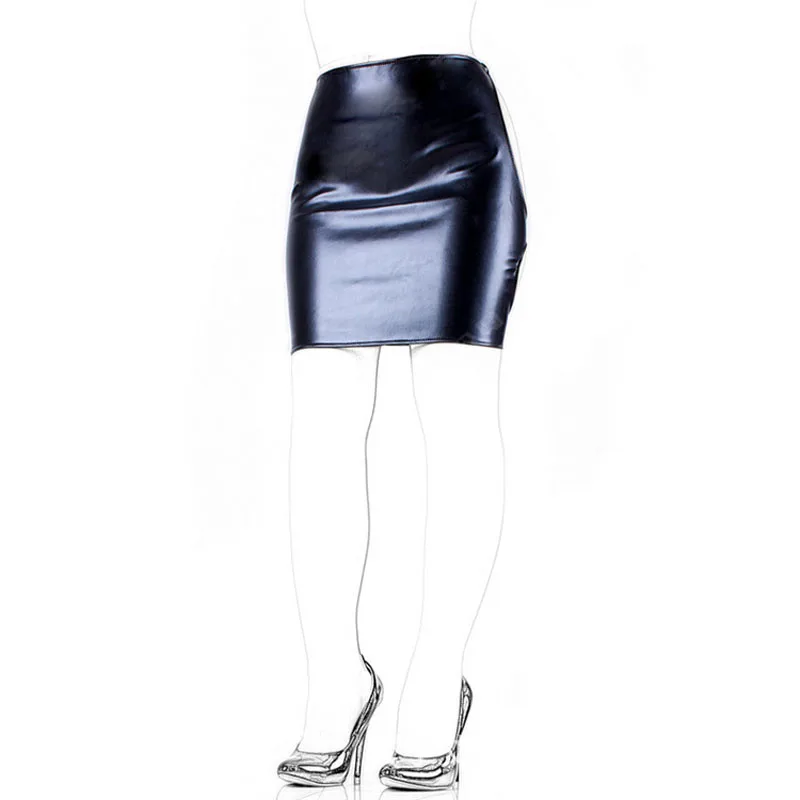 Female Sexy Wetlook Faux Leather Backless Mini Skirt Tight Fit 3 Buckles Fasten Erotic Lingerie Flirty Costume