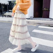 REALEFT весна лето новые плиссированные Лоскутные шикарные женские длинные юбки корейский Стиль Высокая талия сетчатые трапециевидные женские юбки