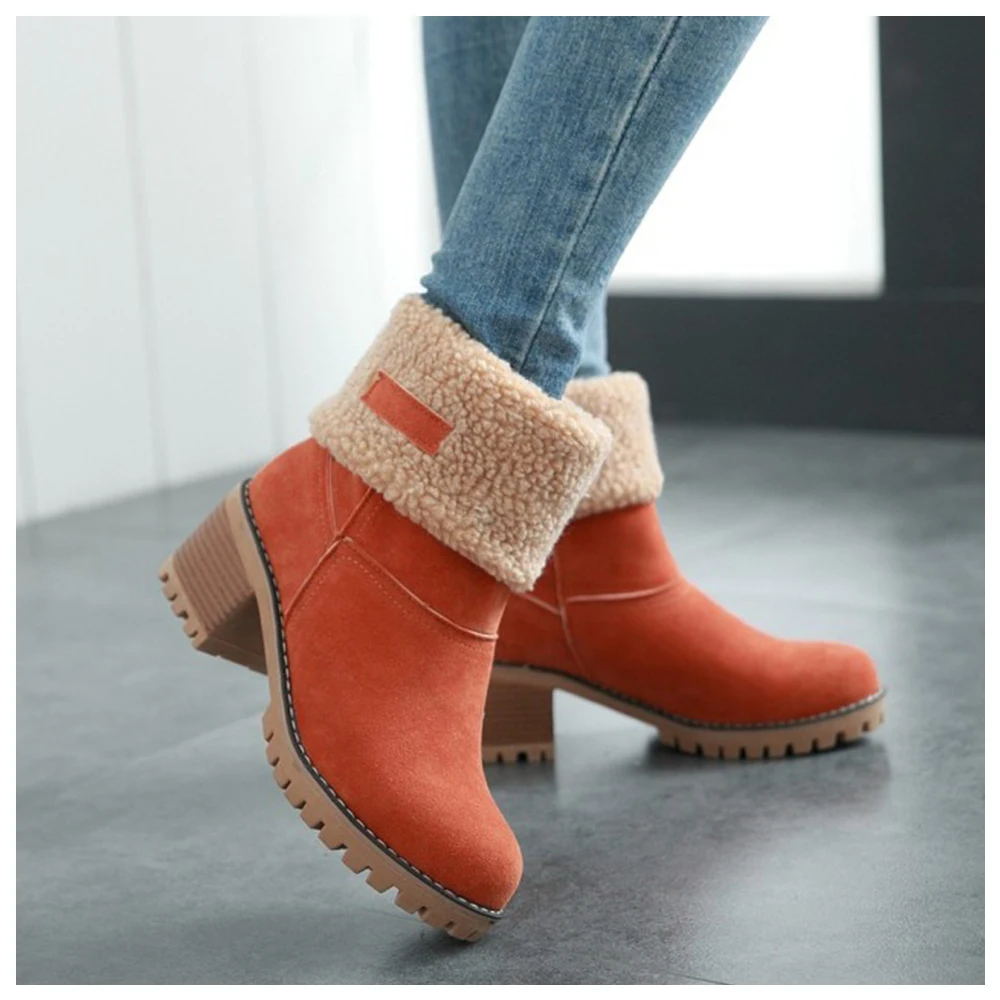 women cute warm short boots suede chunky mid heel round toe winter snow ankle booties