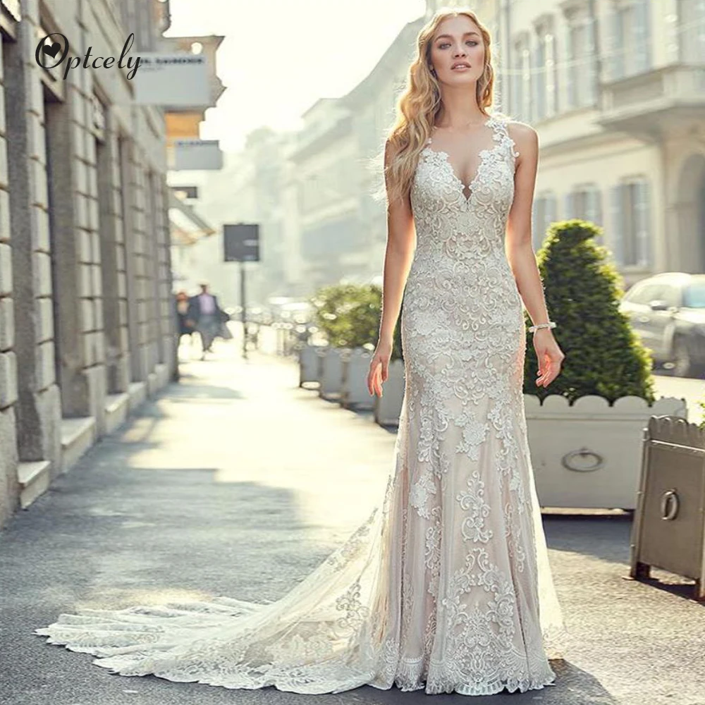 Optcely Vestido de Noiva очаровательное с круглым вырезом русалка без рукавов свадебное платье поезд аппликации бисером развертки Поезд Мечта платья