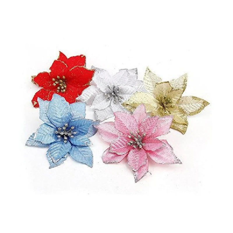 10pcs Simulation Artificial Flowers Christmas Glitter Hollow Flower Wedding Flowers Valentine's Day DIY Party Decoration