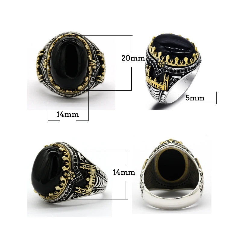 Black Natural Agate Stone Ring 925 Silver Men's Ring Castle Turkish Constantinople Auspicious Vintage Signet Ring Track Wedding 4