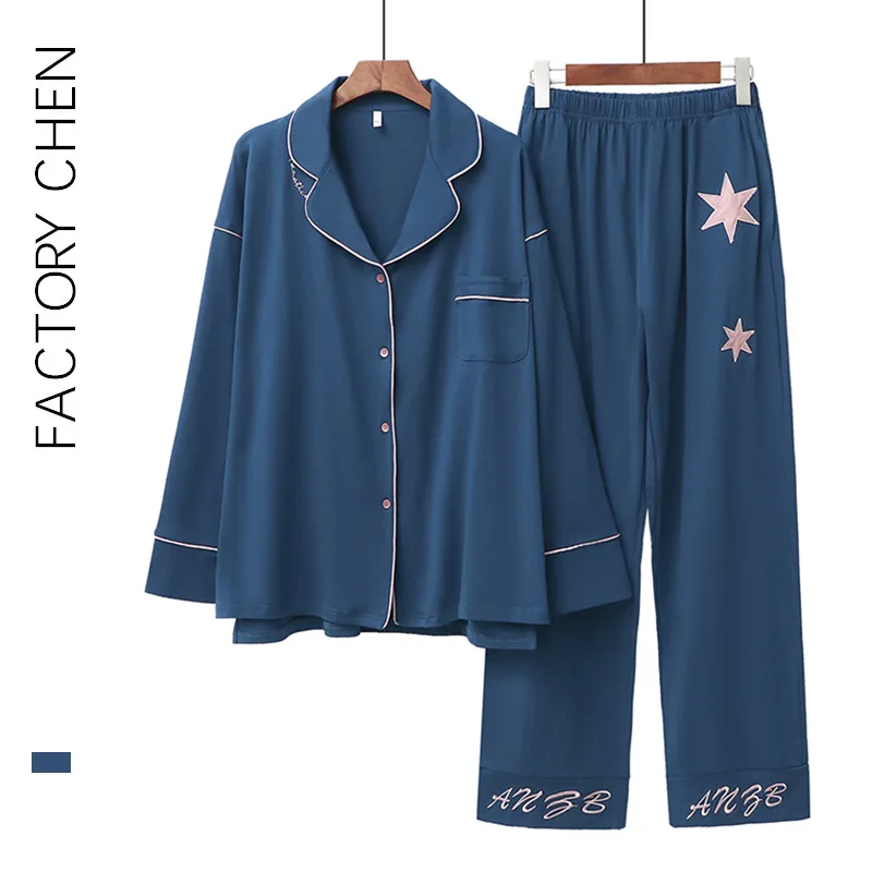 

Spring Women Simple Loose Pajamas Pure Cotton Long-sleeved Cardigan Casual Outer Wear Homewear Set Embroidered Letters Sleepwear