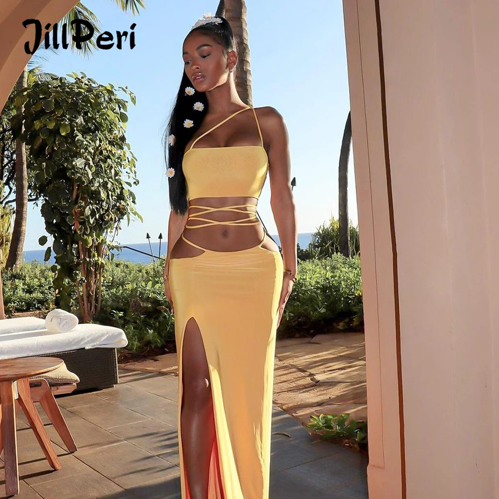 Женский укороченный топ и длинное платье JillPeri желтый комплект из двух предметов