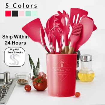 

9/10/12PCS Silicone Cooking Utensils Set Non-stick Spatula Shovel Wooden Handle Cooking Tools Set With Storage Box Kitchen Tools