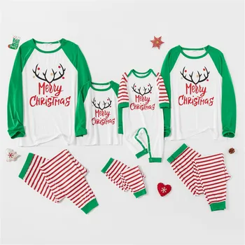 

Merry Christmas Deer Printed Christmas Pajamas Family Letter Stripe Cotton Couple Clothes Adult Kids Pyjamas Nightwear Пижама