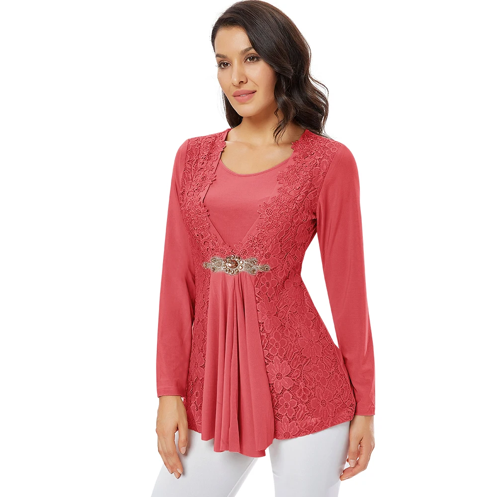 YTL Женская винтажная блузка с длинным рукавом, алмазные струящиеся шикарные кружевные топы, повседневный стиль, элегантная разноцветная Женская Лоскутная рубашка H025