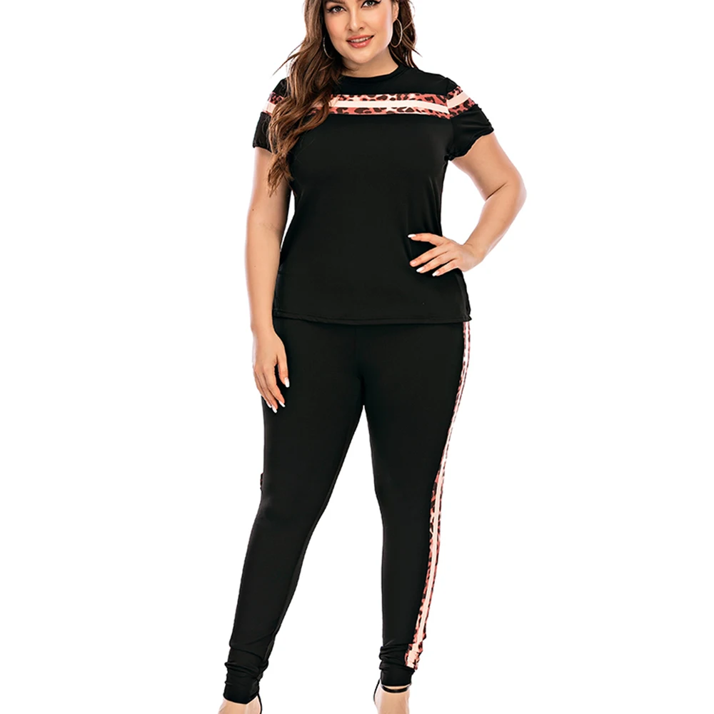

6XL Plus Size Clothes for Women Two Piece Set Casual Leopard Print Shirts+Side Stripe Pants Outfits Home Clothing Sets Tracksuit