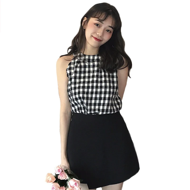 

Korean Women Sleeveless Plaid Print Halter Tank Crop Top Sexy Slim Tops Camis