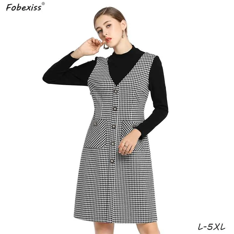 

Houndstooth Long Sleeve Autumn Dress Office Ladies 5XL Plus Size Patchwork Fake Two Piece Dress 2019 Fashion Midi Dresses Woman