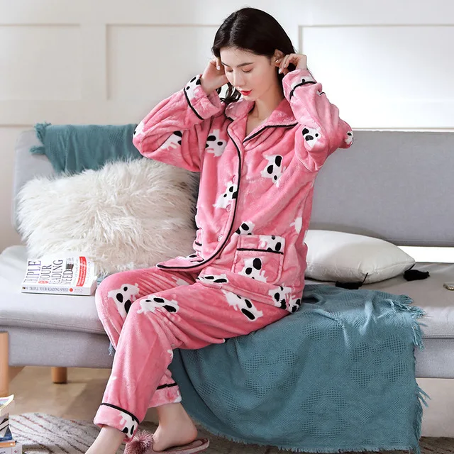 

Women Sleepwear Pajama Pants Set Lady Coral Flannel Sleeping 2PCS Shirt Nightgown Thick Warm Autumn Winter Homewear Clothes