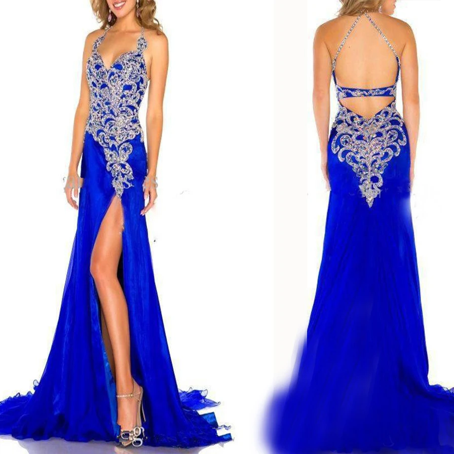 

Charming Blue Formal Evening Gowns Sexy Backless Dropped Crystals Beading Corset High Side Slit Mermaid Backless Evening Dresses