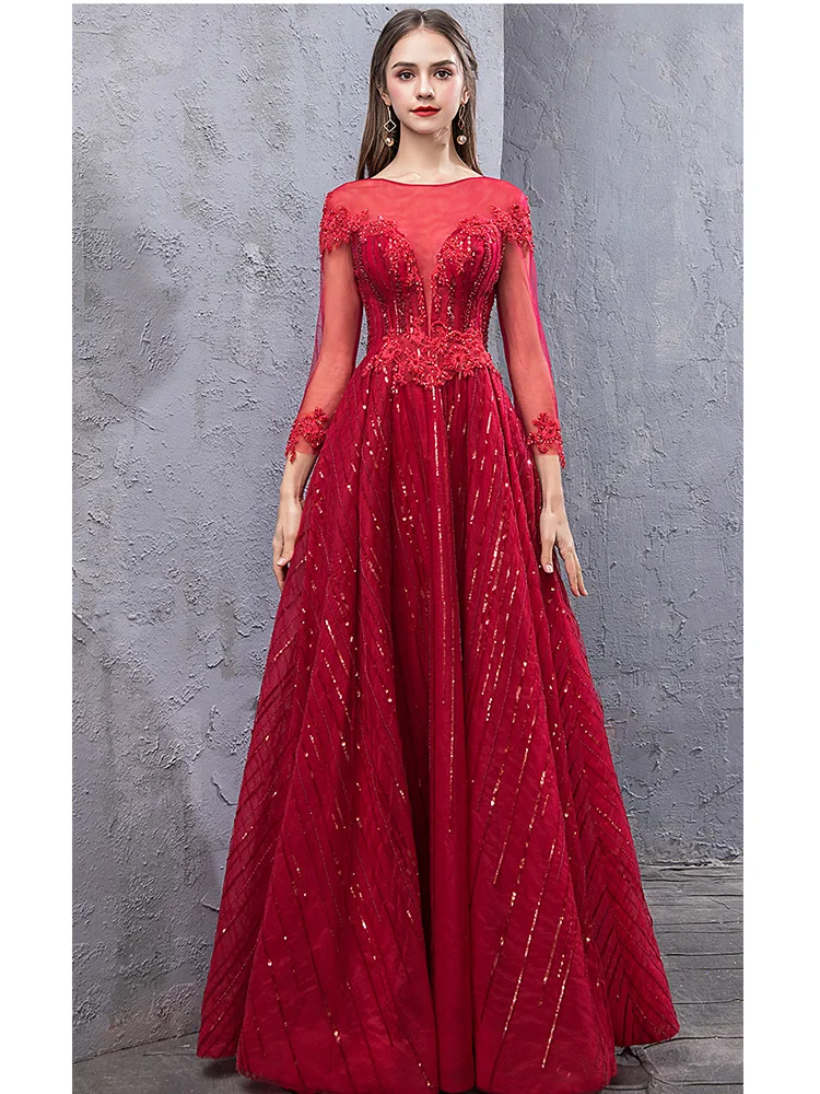 Это Yiya вечернее платье с иллюзией аппликации женские вечерние платья с круглым вырезом три четверти трапециевидной формы длина до пола Robe De Soiree V149 - Цвет: red