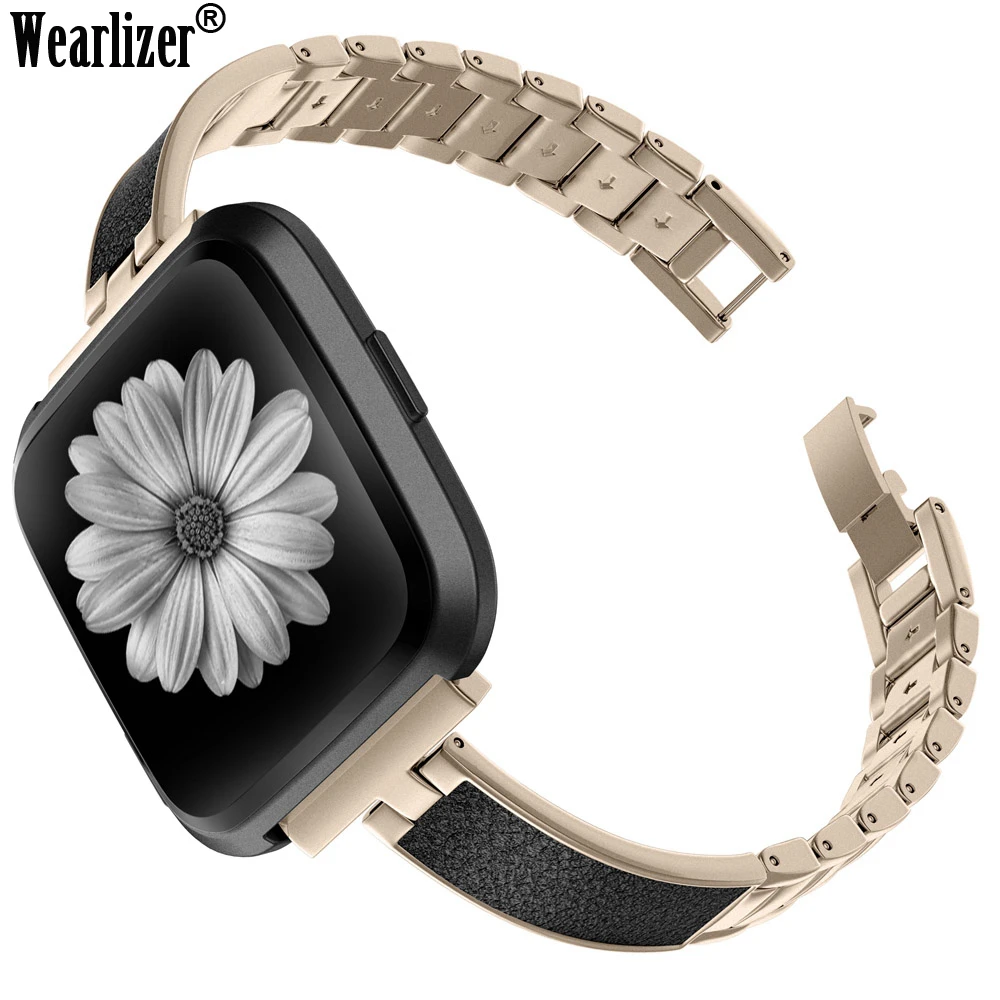 Metal Leather Band Compatible with Fitbit Versa/Versa 2 Women Slim Fold Clasp Strap Wristbands