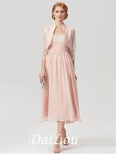 Two Piece A-Line Mother of the Bride Dress Elegant Wrap Included Tea Length Chiffon Lace with Ruched Beading Sequin 2021