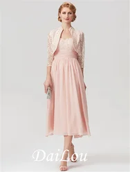 Two Piece A-Line Mother of the Bride Dress Elegant Wrap Included Tea Length Chiffon Lace with Ruched Beading Sequin 2021