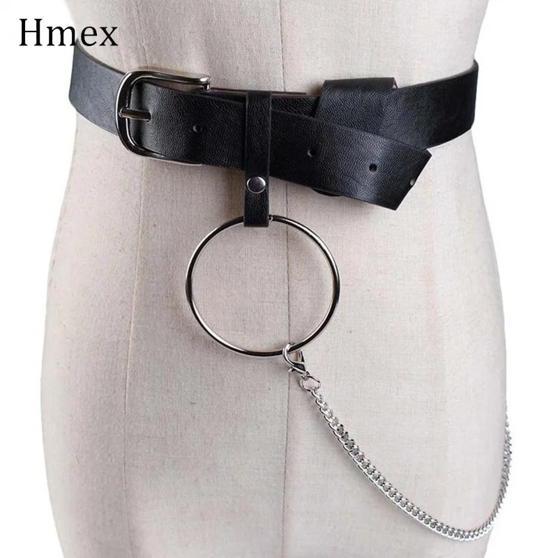 Готический панк женский пояс-цепочка металлический круг кольцо дизайн готический стиль Харадзюку кожа черный пояс для джинсов брюки