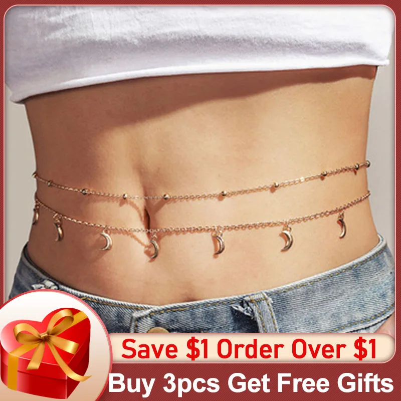 Leaf Diamond Belly Waist Chain For Womens Bohemian Geometric Circle Love-Heart Tassel Water Drop Shell Sexy  Body Jewelry Gifts