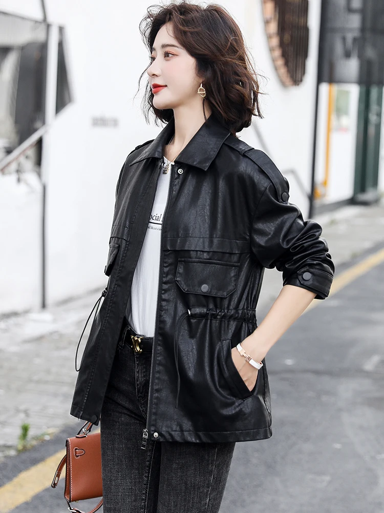 New Women Leather Jacket Spring Autumn 2024 Fashion Moto Biker Coat Drawstring Loose Sheep Leather Tops Sheepskin Trench Coat