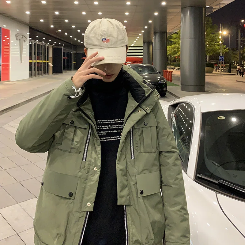 

Winter Short Down Jacket Men Warm Thick Fashion Parka Men Solid Color Hooded Coat Man Wild Multi-pocket Tooling Jacket Male