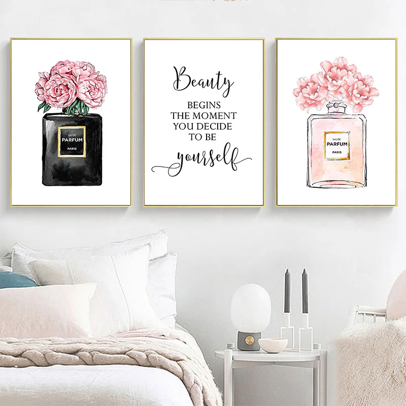 Flower Perfume Bottle Fashion Posters Prints Beauty Begins Quote