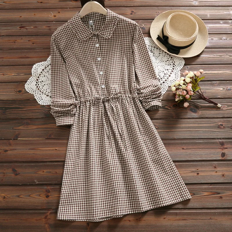 

Japanese-style Mori Girl Line 2018 Autumn Literature And Art Retro bai da xiao Plaid Lace-up Waist Hugging Long-sleeved Dress Fa