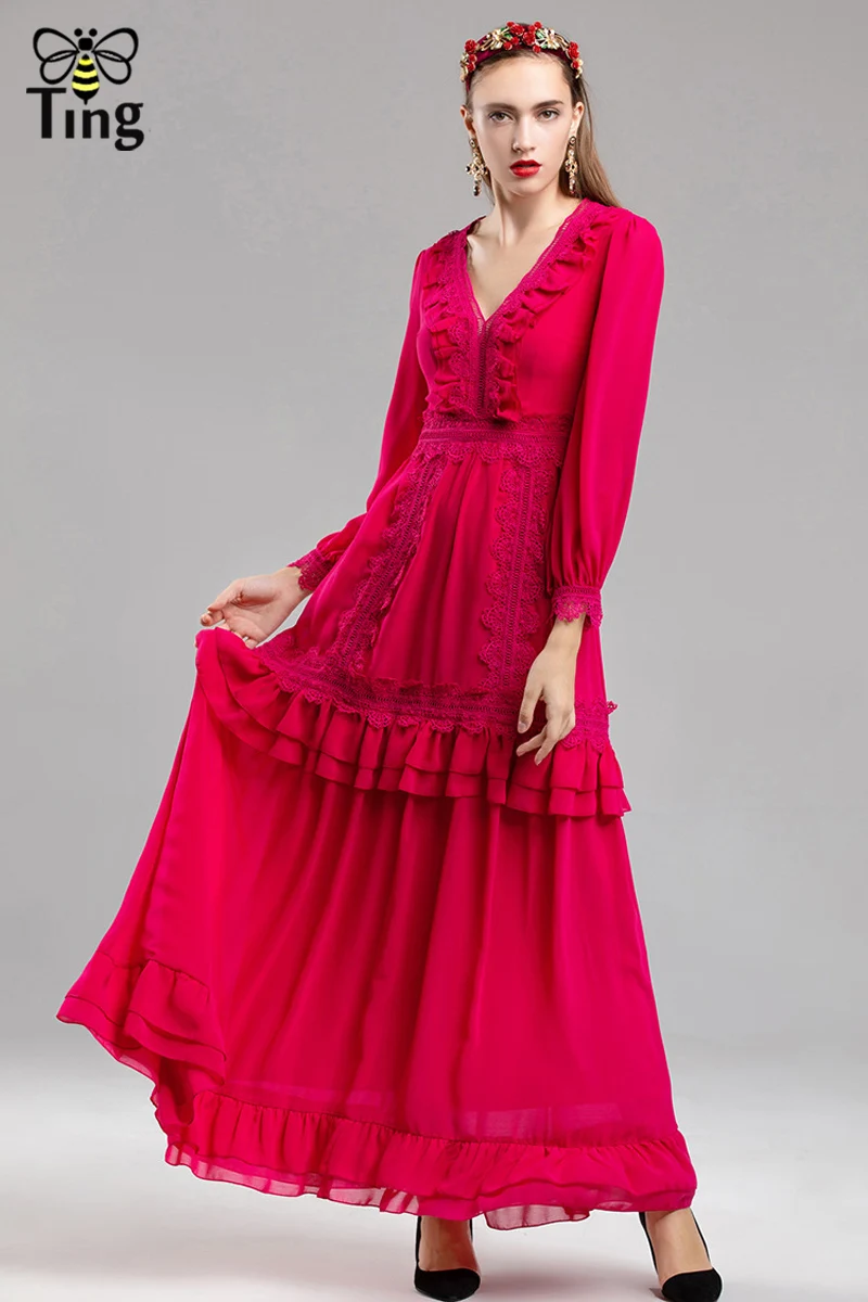 Tingfly модные роскошные Ruched Ruffles вечерние платья макси винтажная кружевная вставка длинное платье Бохо праздничный стиль Vestidos 3 цвета