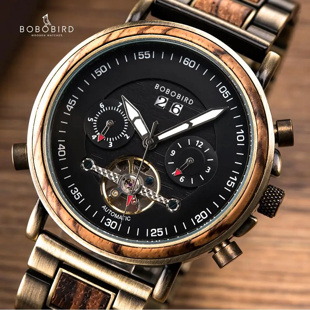 BOBO BIRD Wooden Watches for Men Automatic Mechanical Clock Auto Date Display Male часы мужские Sport Wristwatch Gift Box edox skydiver neptunian automatic divers 801203ncabuidn 80120 3nca buidn 1000m мужские часы