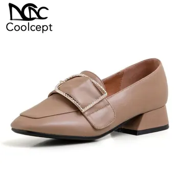 

Coolcept Women Spring Pumps Shoes Fashion Square Toe Crystals Shoes Women Good Pu Leather Buckle Footwear Size 30-43