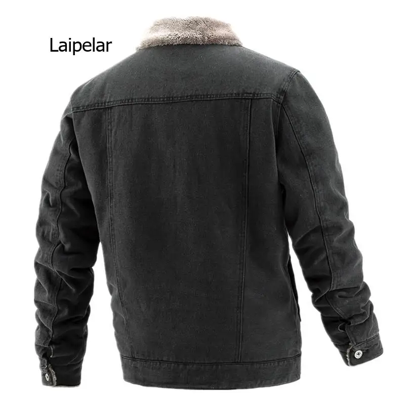Thick Velvet Denim Jacket Men Casual Cotton Lapel Jacket with Fur Collar Warm Winter Coats