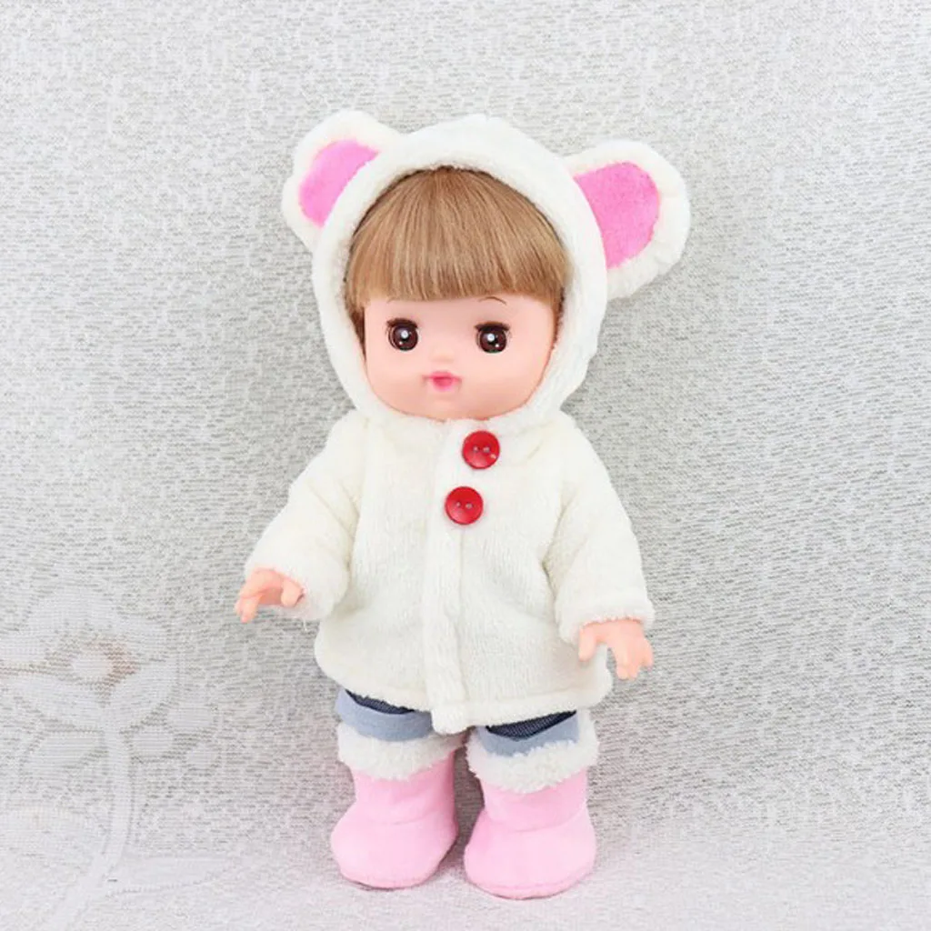 Handmade Winter Plush Coat with Ear Hat for 25cm Mellchan Doll Accs White