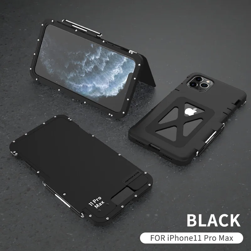 Black R-just Роскошный Металлический бронированный чехол Doom для iPhone 11 Pro Max X XS Max XR 7 8 Plus Life Dirt противоударный алюминиевый Броня King iron man стальная откидная крышка - Цвет: Black