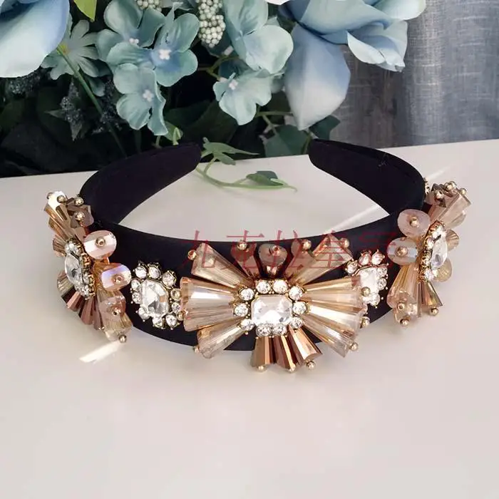 Ручной работы кристалл драгоценный камень Hairband женский европейский полный горный хрусталь бисером широкая головная повязка элегантные женские волосы бижутерия украшение для головы