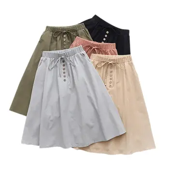 

2019 Women Retro Casual Versatile A-line Solid Color Single-Breasted High Waist Long Paragraph Skirt