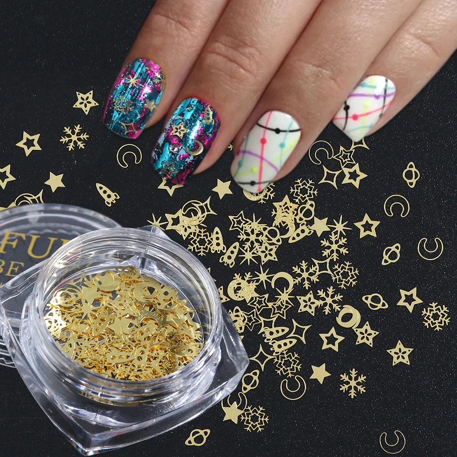 120pcsbox 3D Metallic Alloy Nail Art Decorations Sequins Gold Snowflake Star Moon Flakes Paillete Manicure Accessories LY970-C (6)